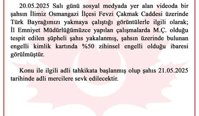 Bursa’da Türk Bayrağını Yakmaya Çalışan Şüpheli Gözaltına Alındı